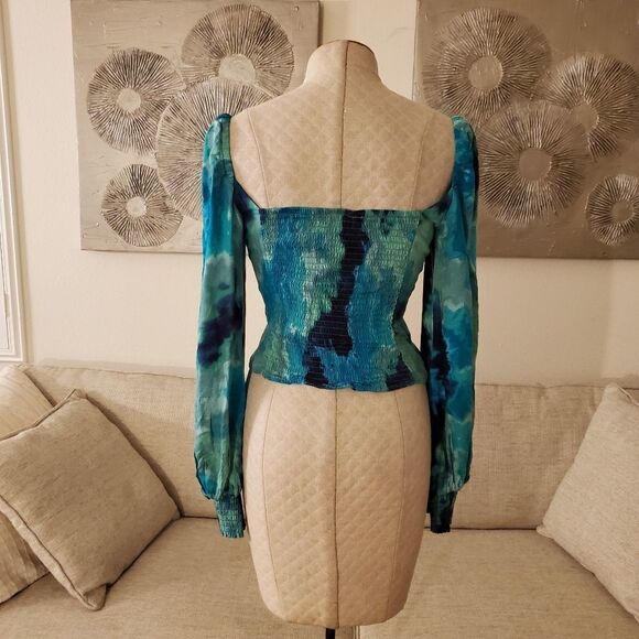 AFRM Bardot Tie Dye Smocked Square Neck Top size Medium in Teal - Picture 9 of 13